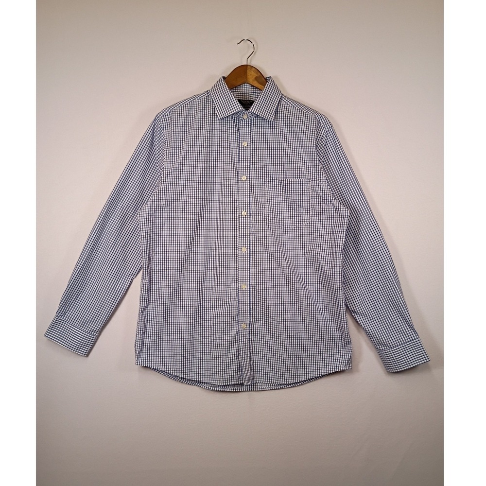 Classic Preppy Year In Year Out Mens Large Blue Gingham Wrinkle Free Button Down